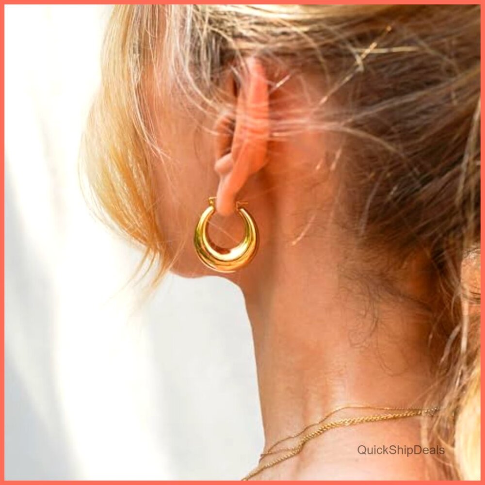 14K Gold Plated Chunky Triple Hoop Earrings Hypoallergenic - Picture 3 of 7